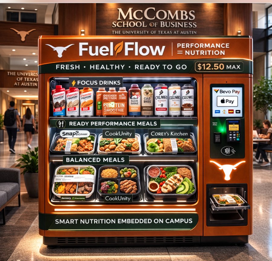 A FuelFlow smart nutrition station inside the McCombs School of Business, stocked with ready meals and drinks, nothing over $12.50